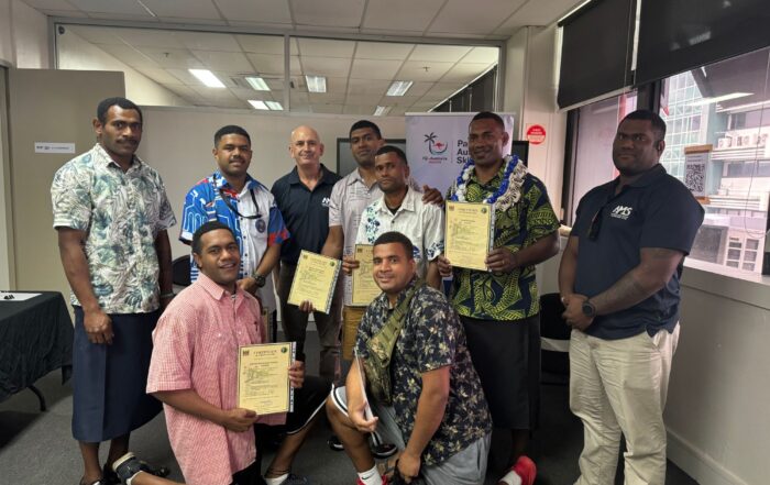 Australian Meat School participants and trainers in Fiji with their certificates
