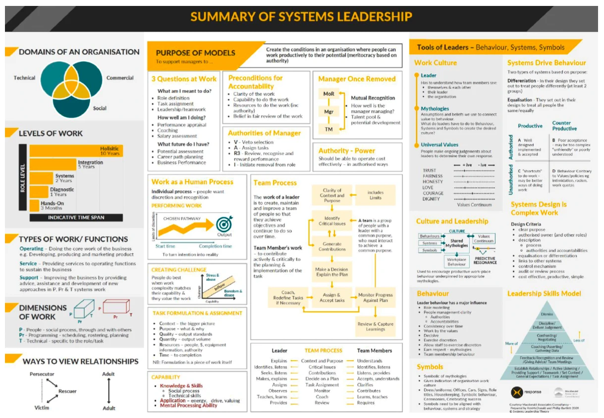 Summary of Systems Leadership: domains of an organisation, levels of work, types of work, dimensions of work, purpose of models, work as a human process, team process, tools of leaders, behaviour, symbols and the leadership skills model