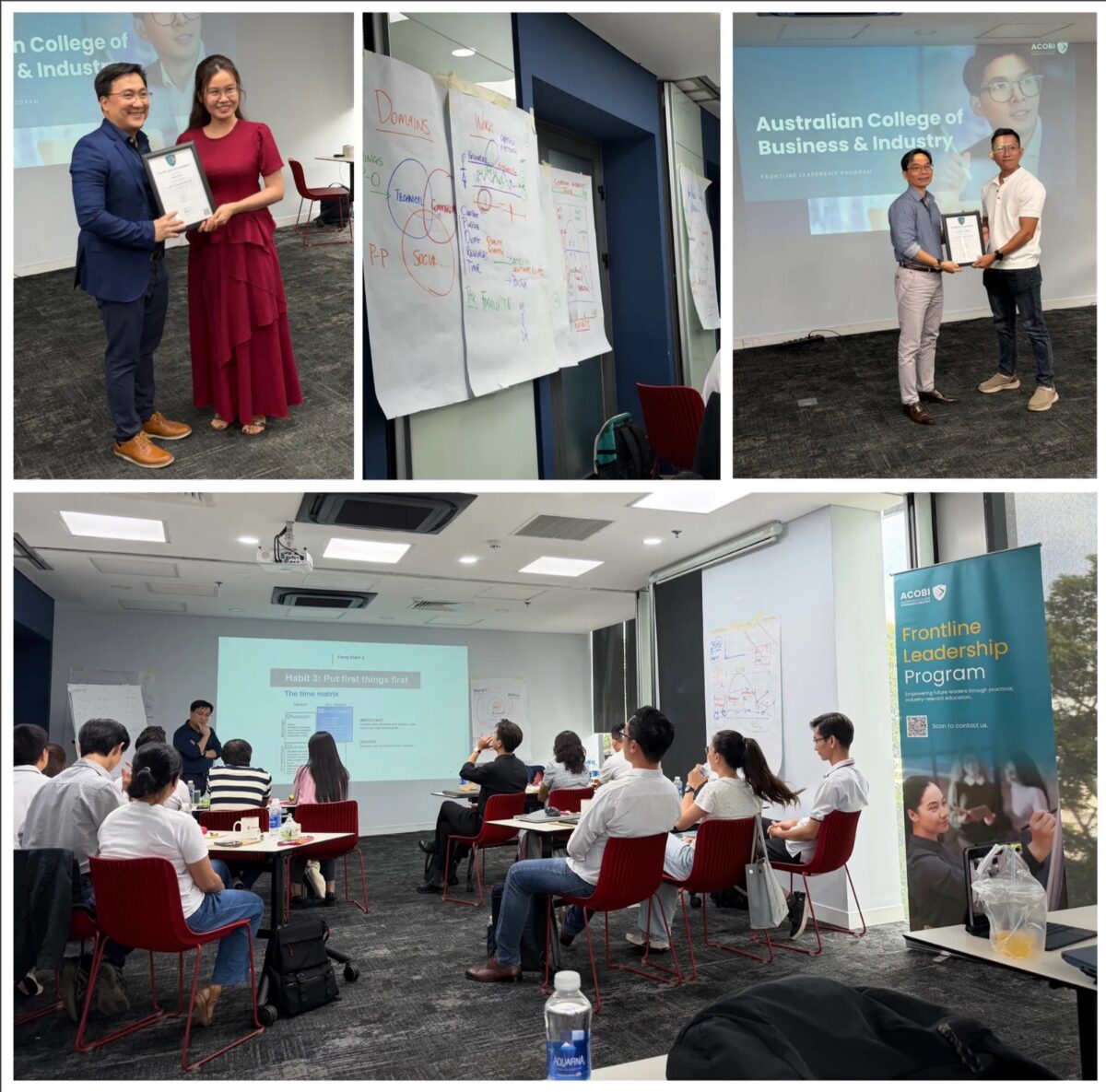 Photos from the Frontline Leadership Program in Vietnam: certificate presentations, Systems Leadership flipcharts and a classroom session